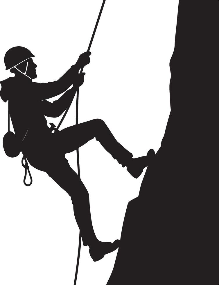 Silhouette of a climber rappelling down a rock face vector