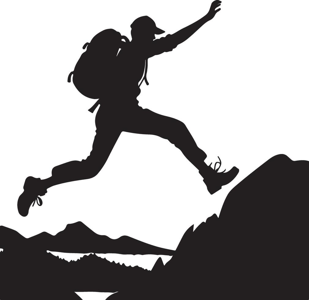 Silhouette of a hiker jumping over a mountain ridge vector