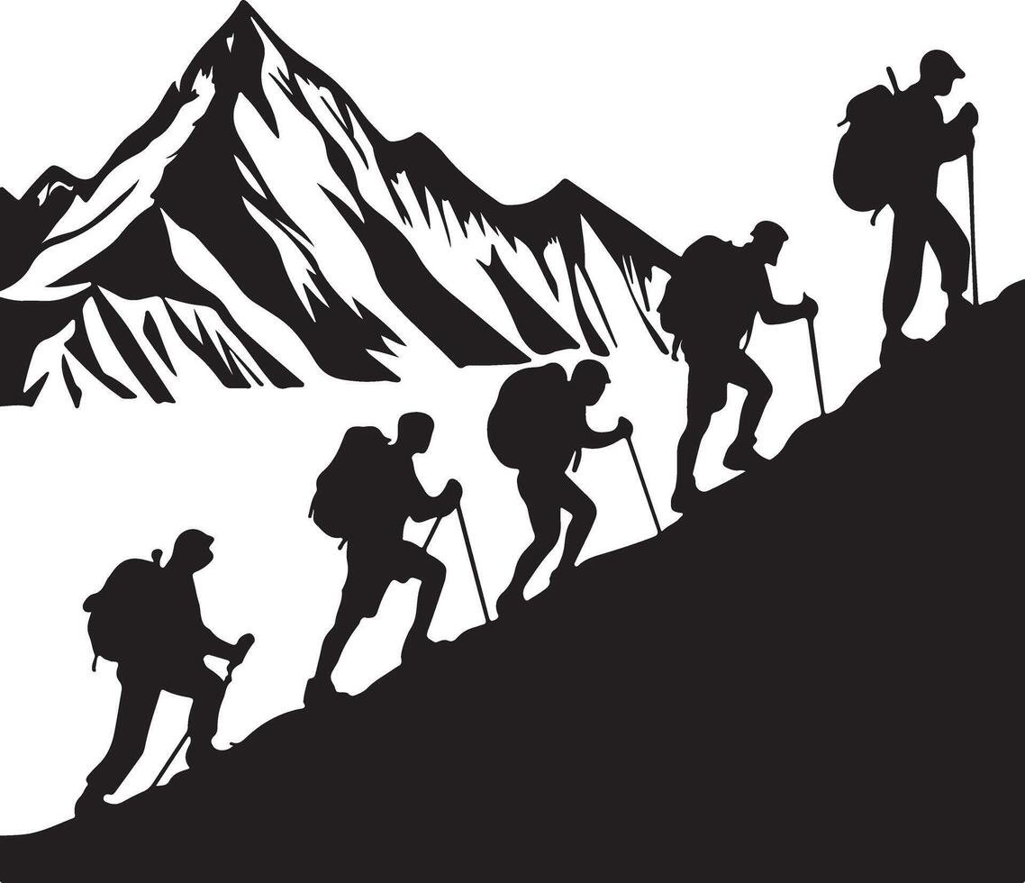 Silhouette of hikers ascending a majestic mountain vector