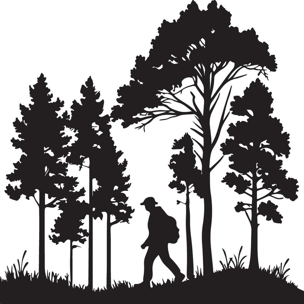 Silhouette of hiker walking through a forest vector