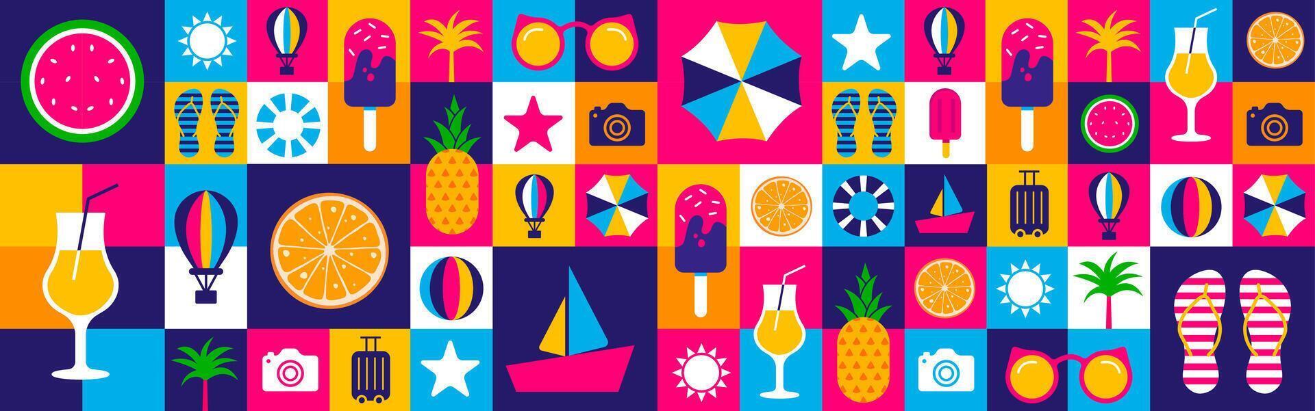 Summer Icons Collage geometric shape pattern background, banner or poster design. Vibrant Flat Design Illustration with Tropical Fruits, Beach Items, and Travel Symbols for Seasonal vector
