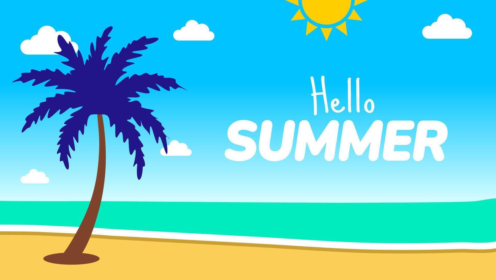 Hello Summer Beach Scene Banner. Cartoon Illustration with Palm Tree, Sun, and Ocean for a Tropical Vacation Theme. summer background or banner design template. vector