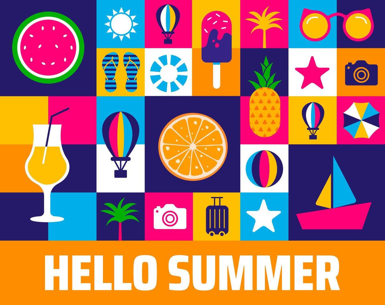Summer Icons Collage geometric shape pattern background, banner or poster design. Vibrant Flat Design Illustration with Tropical Fruits, Beach Items, and Travel Symbols vector