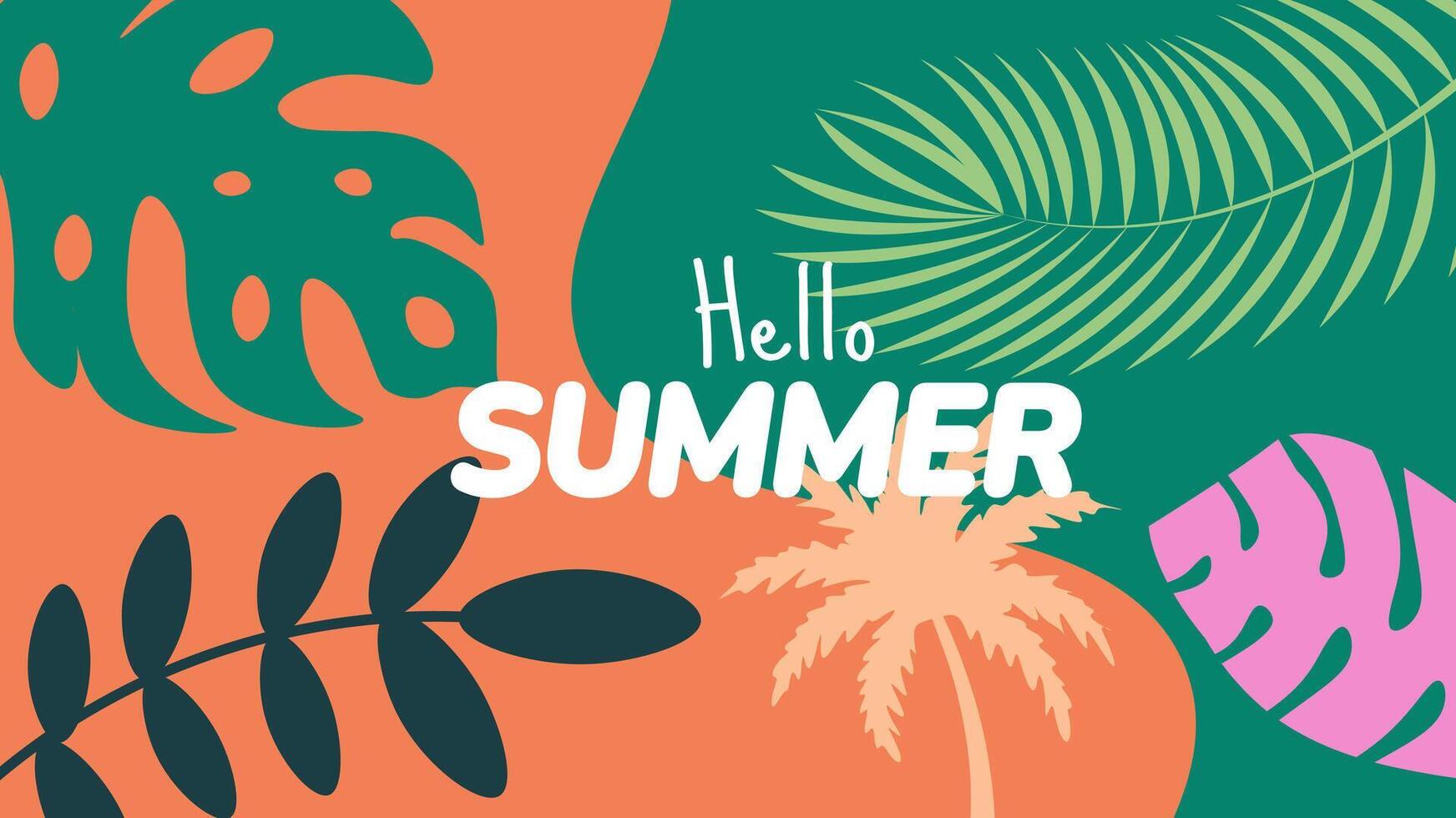 Hello Summer Tropical Banner. Abstract Design with Palm Tree and Monstera Leaves in Vibrant Colors. summer background or banner design template. vector