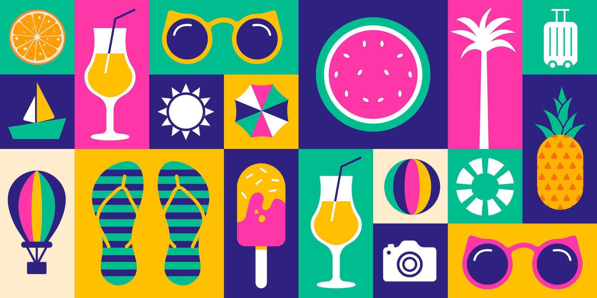 Summer Collage geometric shape pattern background, banner or poster design. Vibrant Flat Design Illustration with Tropical Fruits, Beach Items, and Travel Symbols for Seasonal Greetings. vector