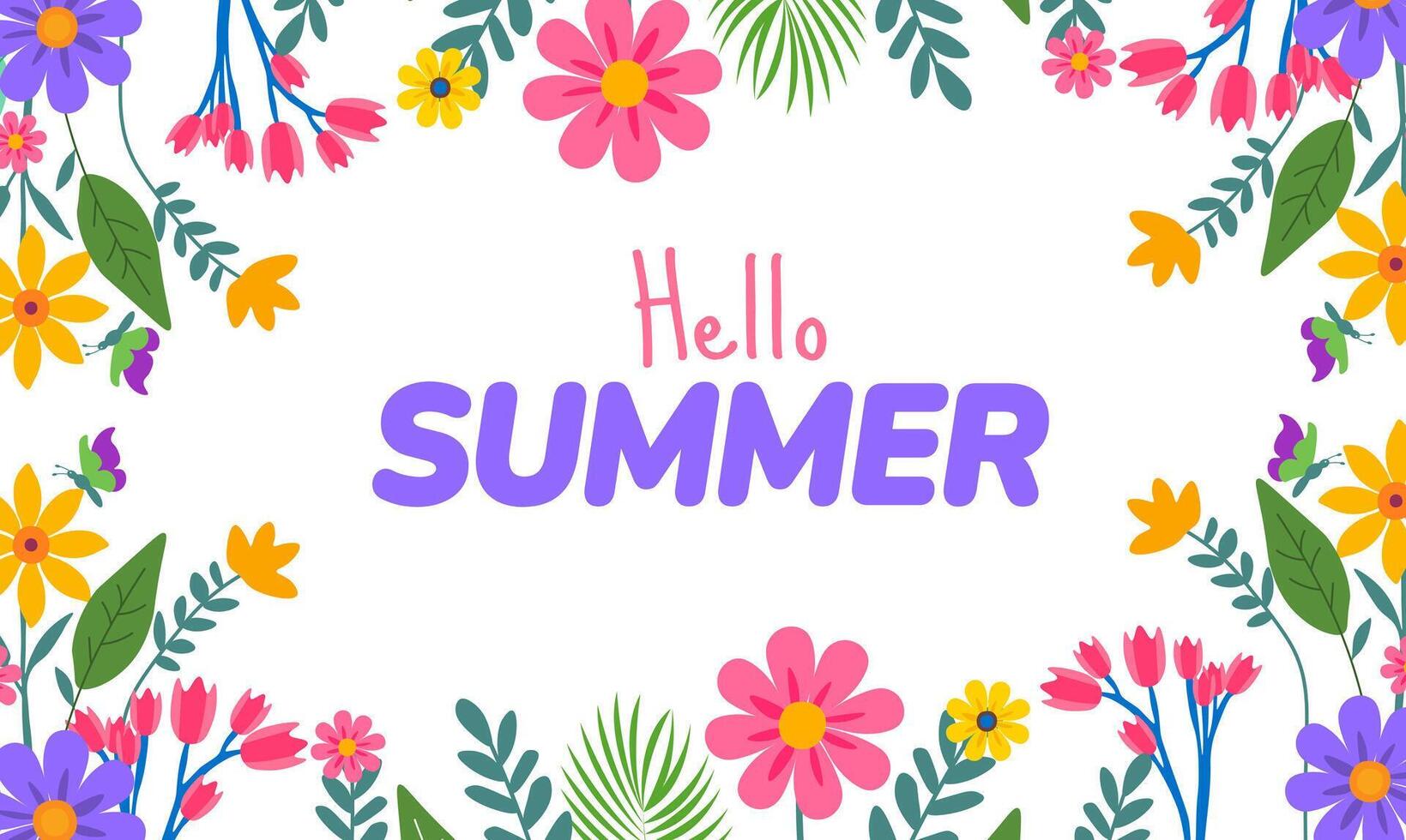 Hello Summer Banner or background Exotic Flowers and Lush Leaves. Cheerful Seasonal Design with Tropical Plants. Vibrant Colors for a Warm Weather Greeting. vector