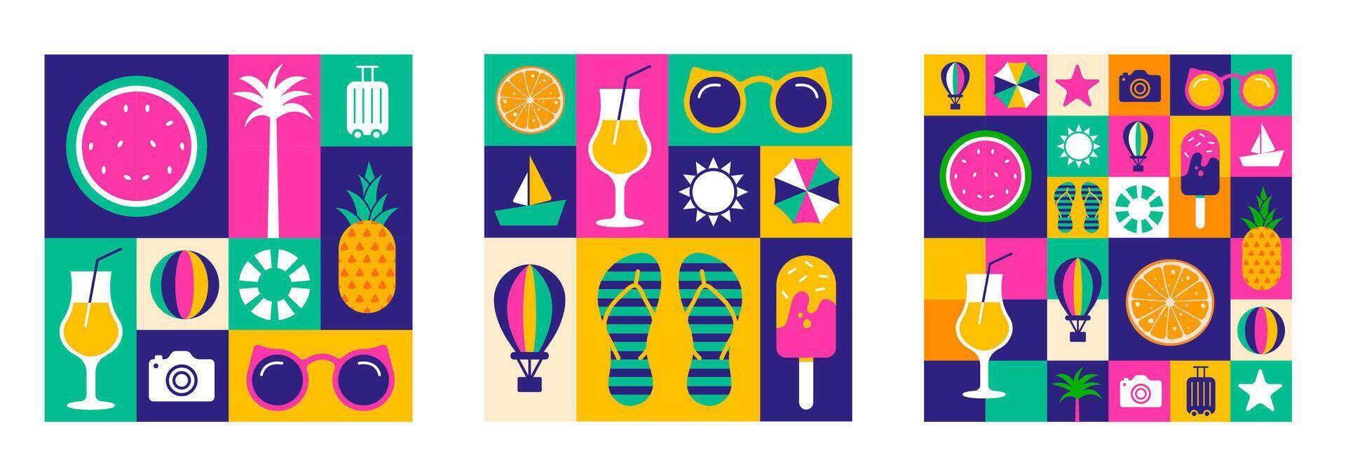 Summer Icons Collage geometric shape pattern background or social media post banner template set. Vibrant Flat Illustration with Tropical Fruits, Beach Items, and Travel Symbols for Seasonal Greetings vector