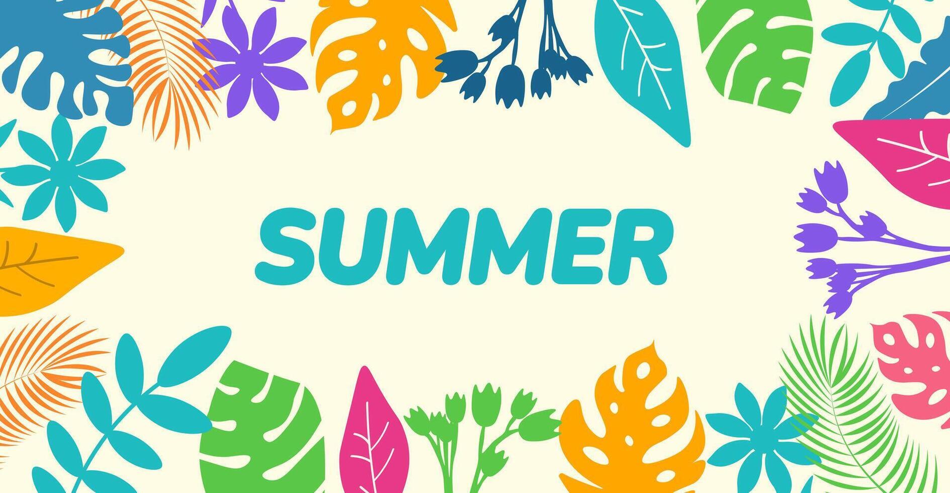 Summer Banner with Lush Tropical Leaves and Vibrant Foliage. Colorful Design Featuring Exotic Plants for a Bright Seasonal Background or banner Decoration. vector
