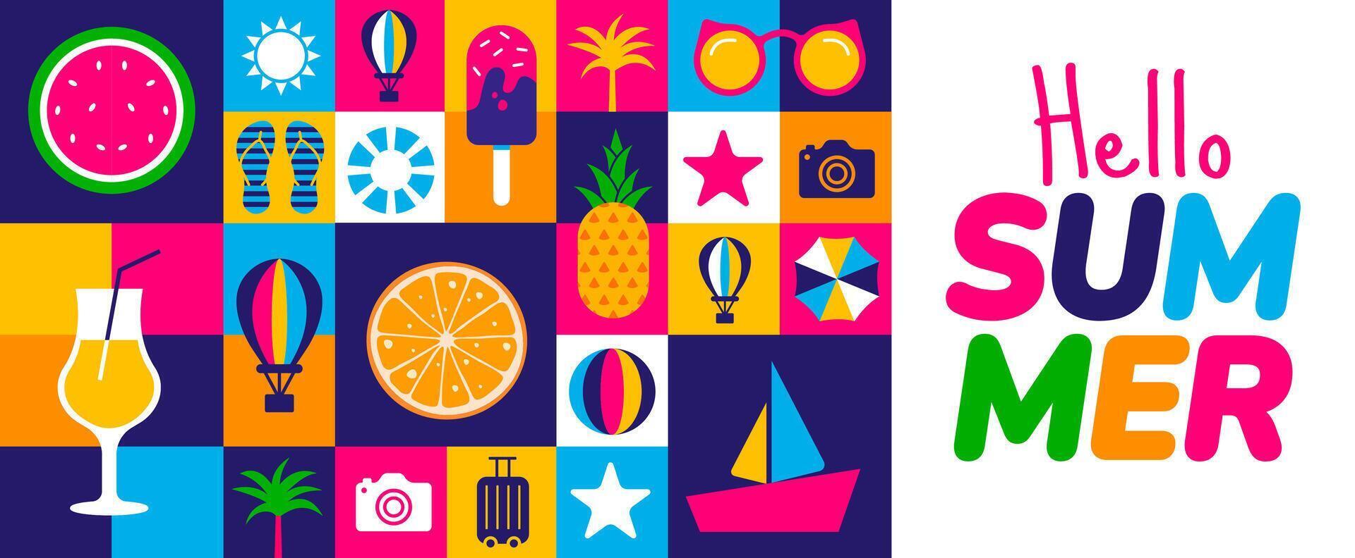 Summer Icon Collage geometric shape pattern background, banner or poster design. Vibrant Flat Design Illustration with Tropical Fruits, Beach Items, and Travel Symbols for Seasonal Greetings. vector