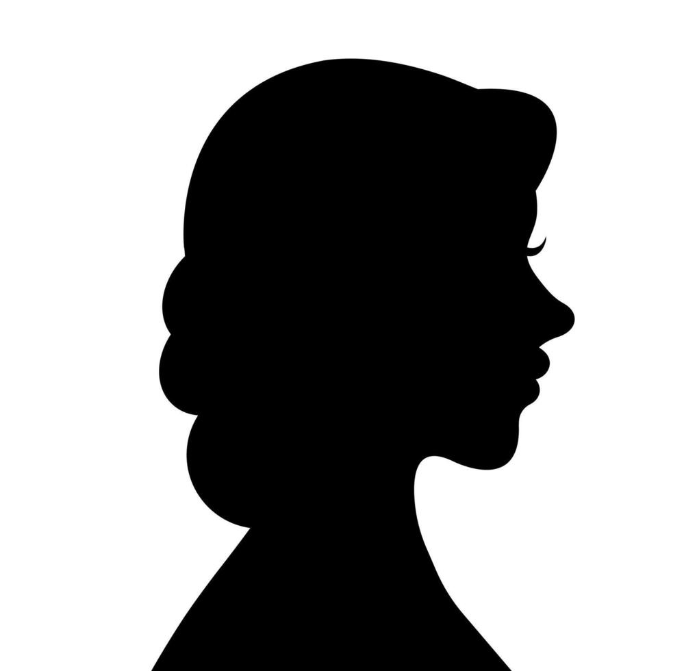 Female head short hair profile icon. A black silhouette symbolizing a woman's face and hairstyle. vector