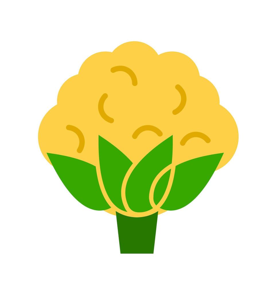 Fresh cauliflower vegetable icon. A yellow graphic with green leaves, symbolizing healthy food and organic produce. vector