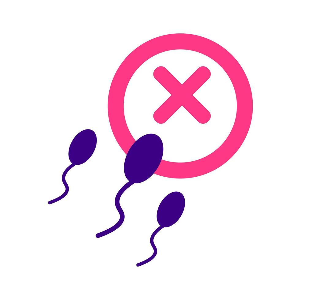 Sperm with exclusion mark. A graphic of multiple sperm cells with a red 'X' mark, symbolizing contraception, infertility, or sperm rejection. vector