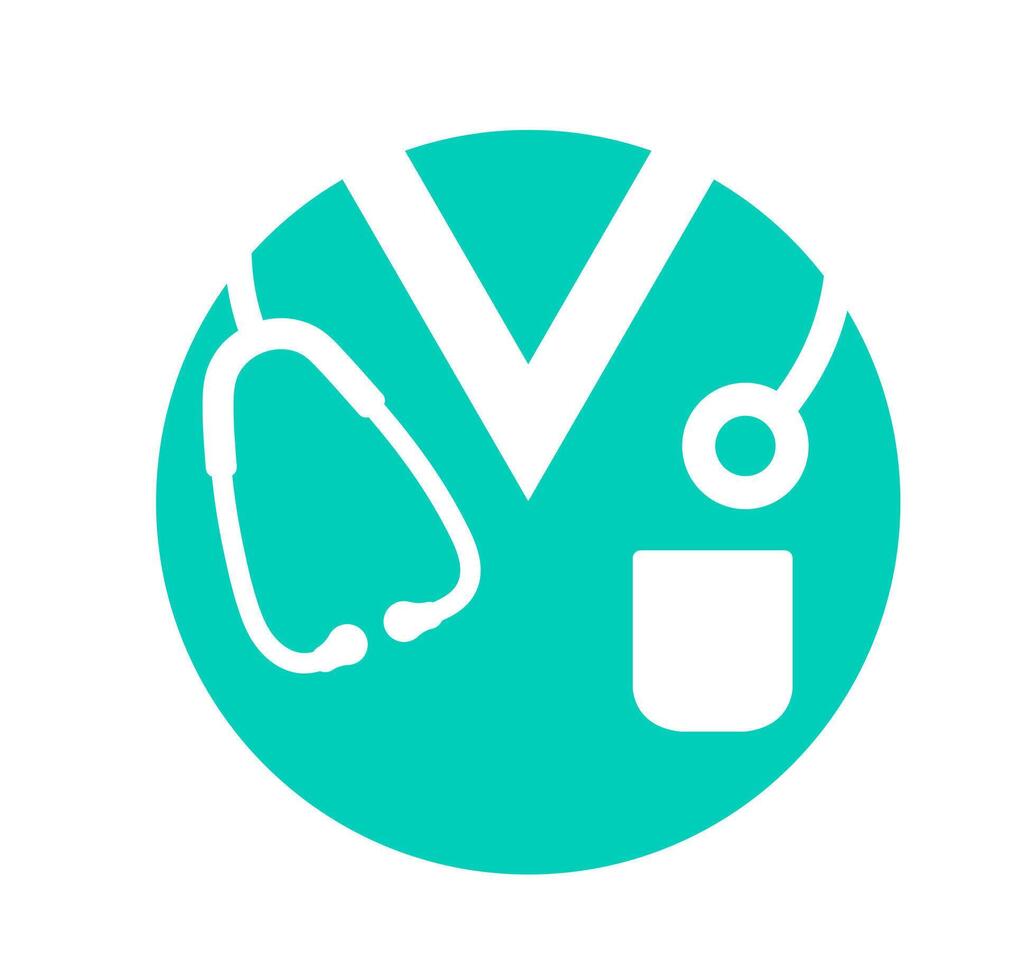 Medical doctro nurses dress. Medical stethoscope emblem. A clean, minimalist graphic of a stethoscope within a teal circle, representing healthcare services and wellness. vector