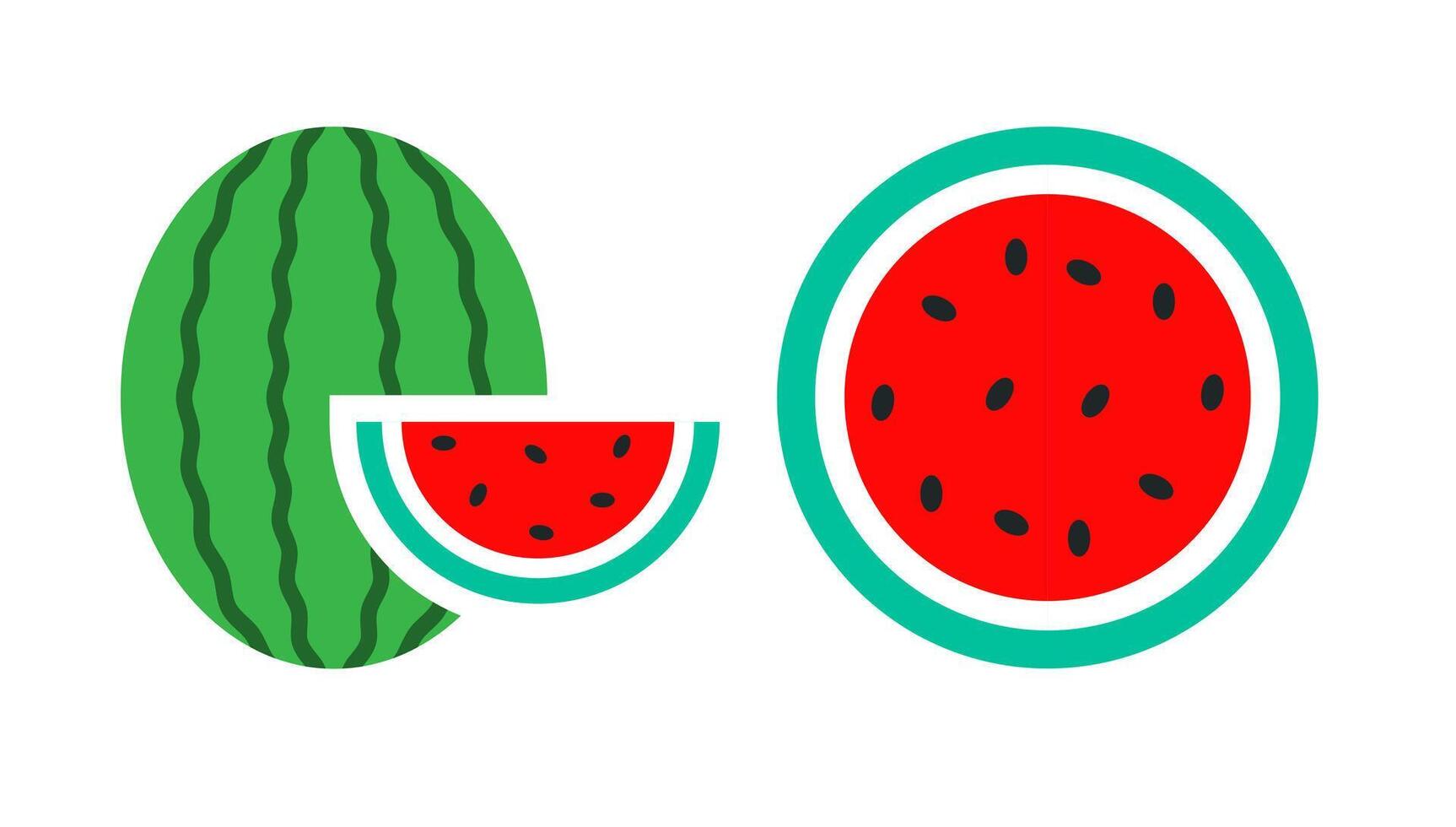 Watermelon fruit collection icon. A green and red graphic showing whole and sliced watermelon, symbolizing refreshing summer fruit. vector