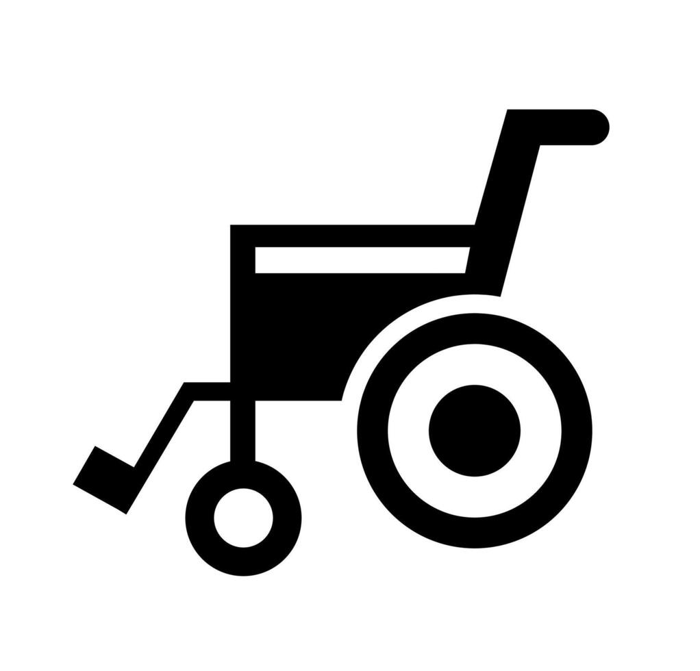 Wheelchair mobility aid. A solid black graphic of a wheelchair, representing accessibility, disability, and mobility support. vector