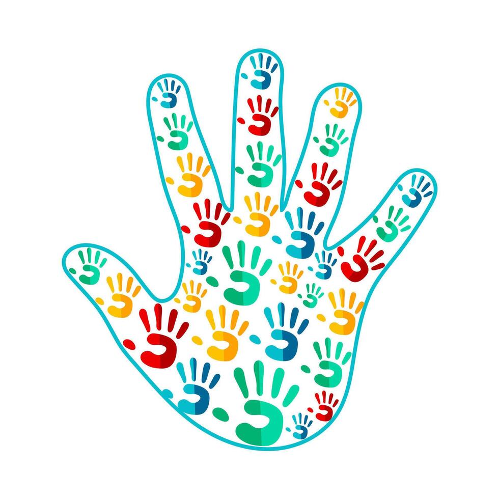 Interlocking hands circle design. A circular arrangement of multi-colored hands, forming a unified and cohesive graphic symbol of connection. vector
