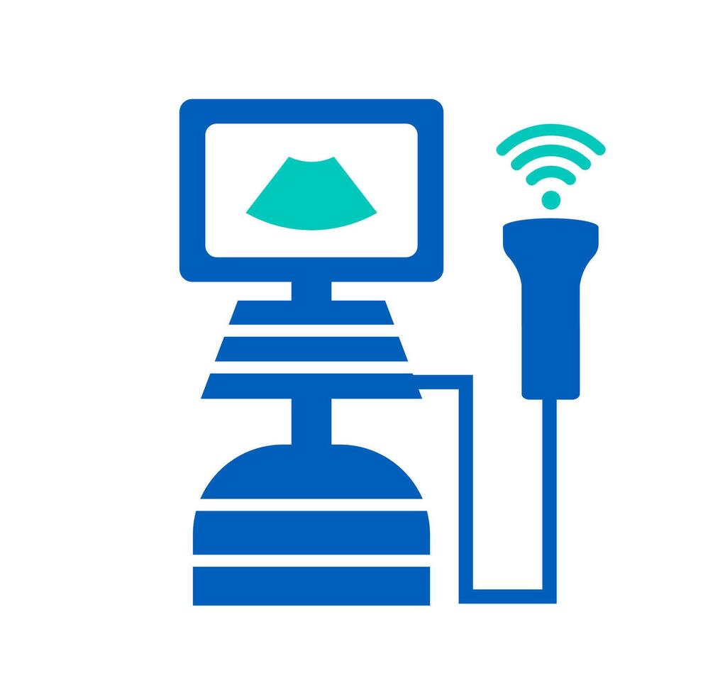 Medical ultrasound machine. A blue graphic of an ultrasound machine with a monitor and probe, representing diagnostics, imaging, and prenatal care. vector
