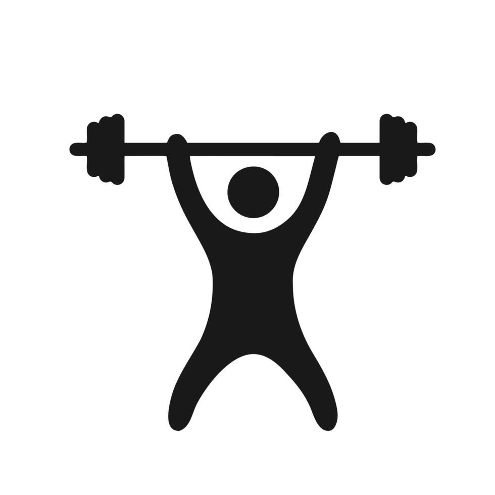 Weightlifting person icon. A solid black graphic of a figure lifting a barbell, symbolizing strength, fitness, and intense workout. vector