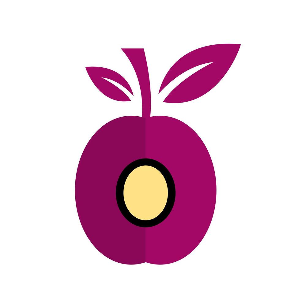Purple plum fruit icon. A vibrant graphic with a yellow pit, symbolizing sweet and healthy produce. vector