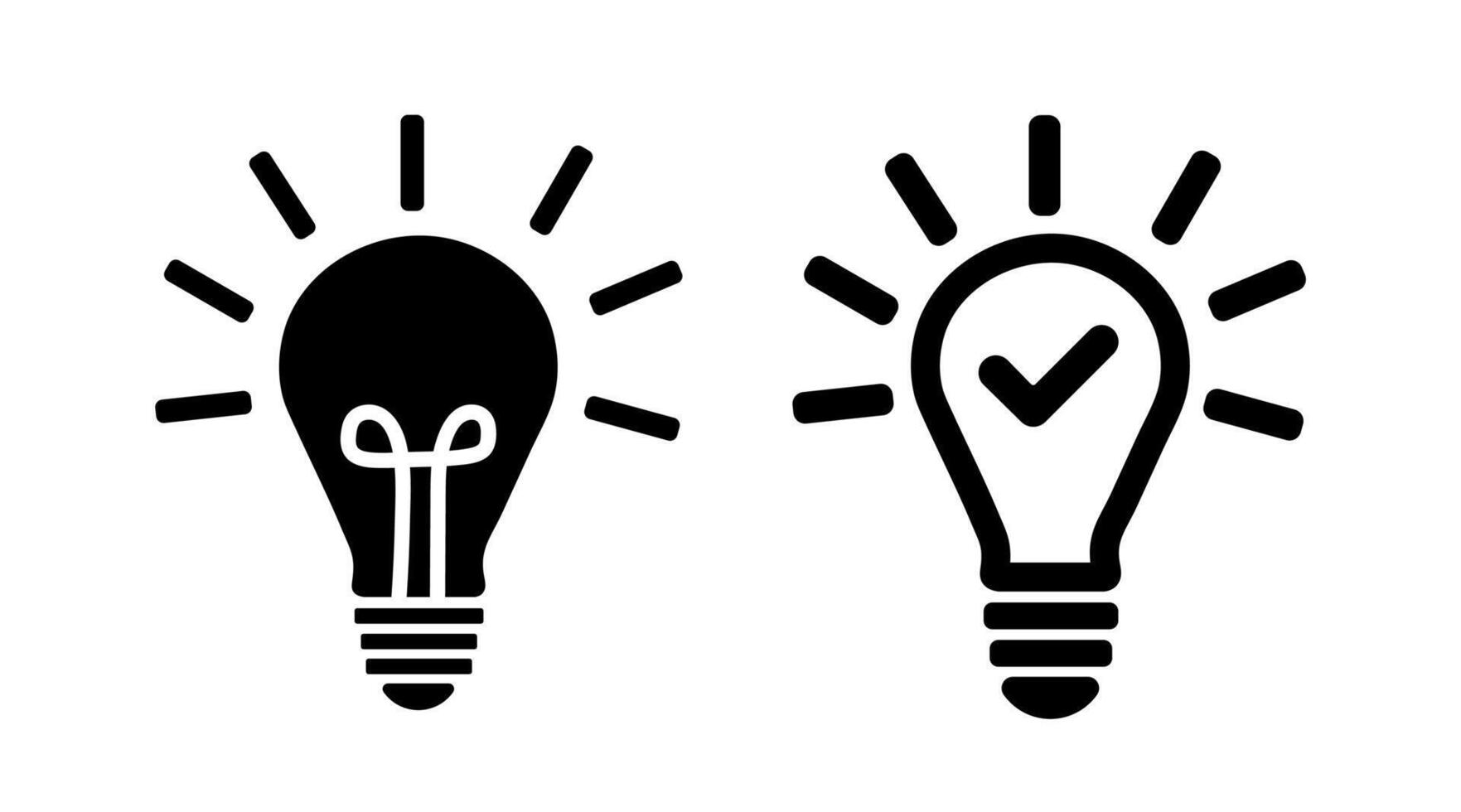 Idea light bulbs innovation. Two stylized black light bulbs, one glowing and one with a checkmark, symbolizing ideas, innovation, and successful solutions. vector