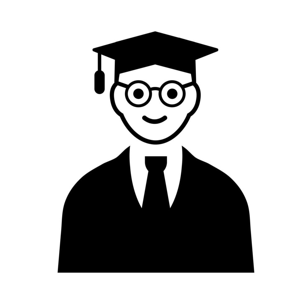 Graduate student icon. A solid black graphic of a person with cap and glasses, representing academic achievement, success, and higher education. vector