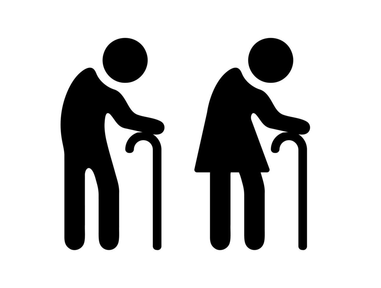 Elderly couple support graphic. A solid black graphic of an elderly couple using canes, symbolizing aging, companionship, and senior care. vector