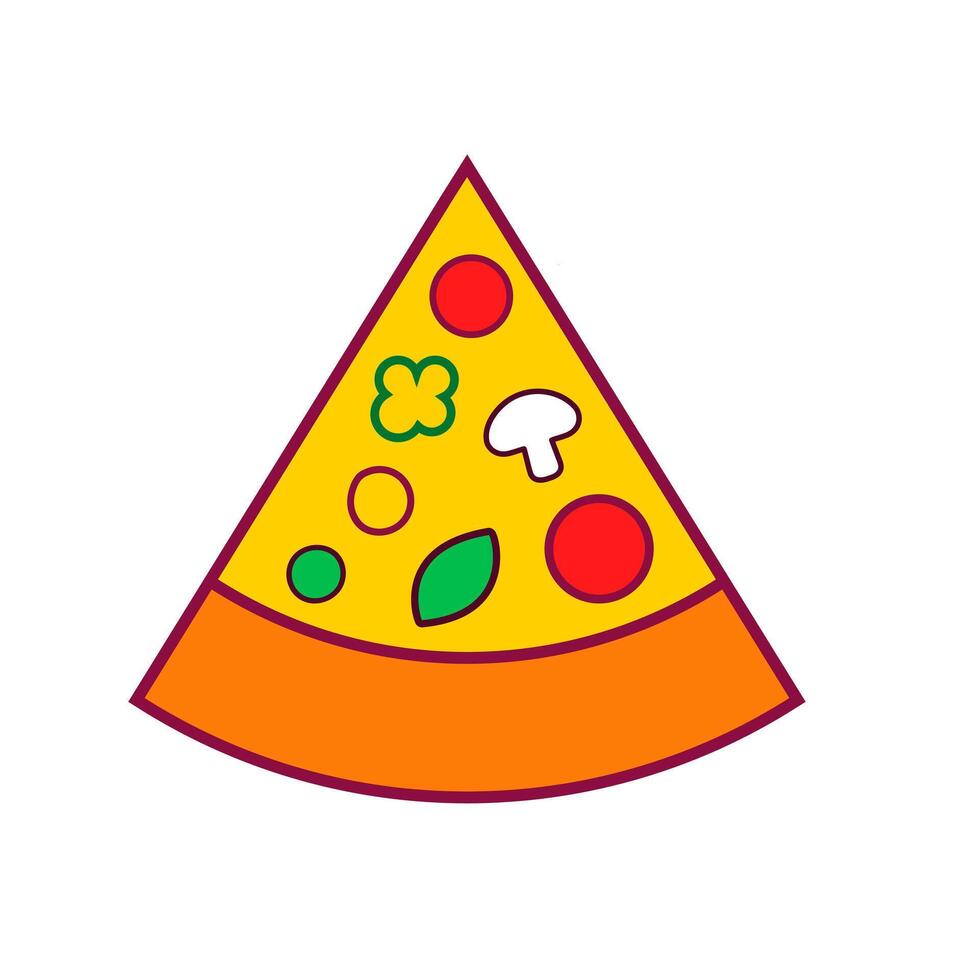 Classic pizza slice icon. A colorful graphic with toppings, symbolizing fast food, Italian cuisine, and delicious meals. vector