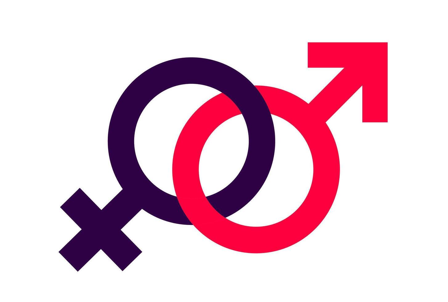 Overlapping female and male gender symbols. A graphic depicting a purple female and a red male gender symbol, layered to suggest partnership or different genders. vector