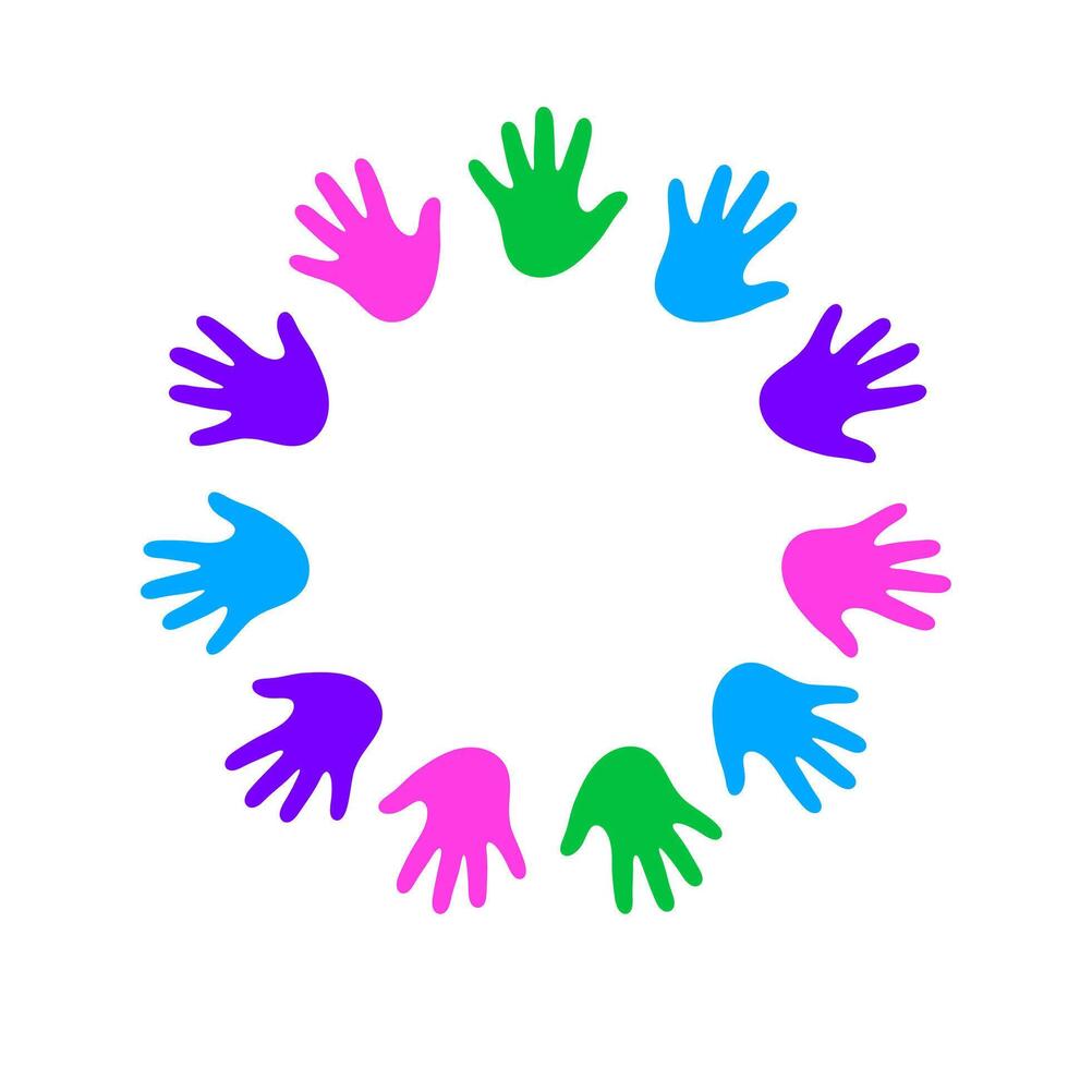 Inclusive hands circle graphic. A consistent circular arrangement of abstract, multi-colored hand shapes, symbolizing diversity and universal support. vector