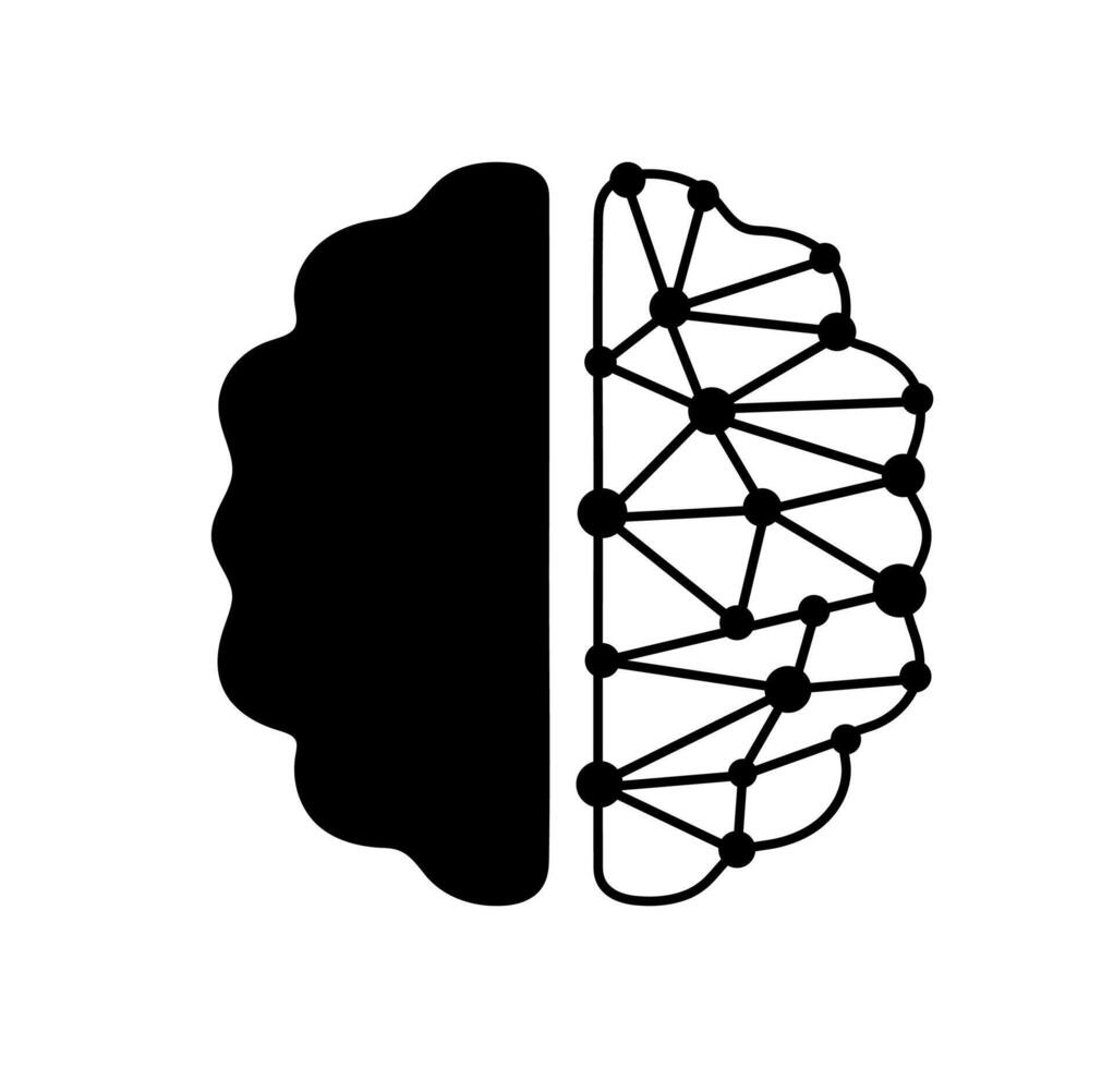 Divided brain hemisphere silhouette. A solid black silhouette of a human brain divided into two distinct halves, symbolizing lateralization or different cognitive functions. vector