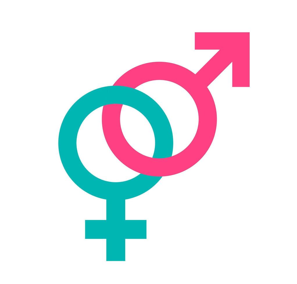Interconnected male and female gender symbols. A graphic of a teal male and a pink female gender symbol, intertwined to represent connection, unity, or gender inclusivity. vector