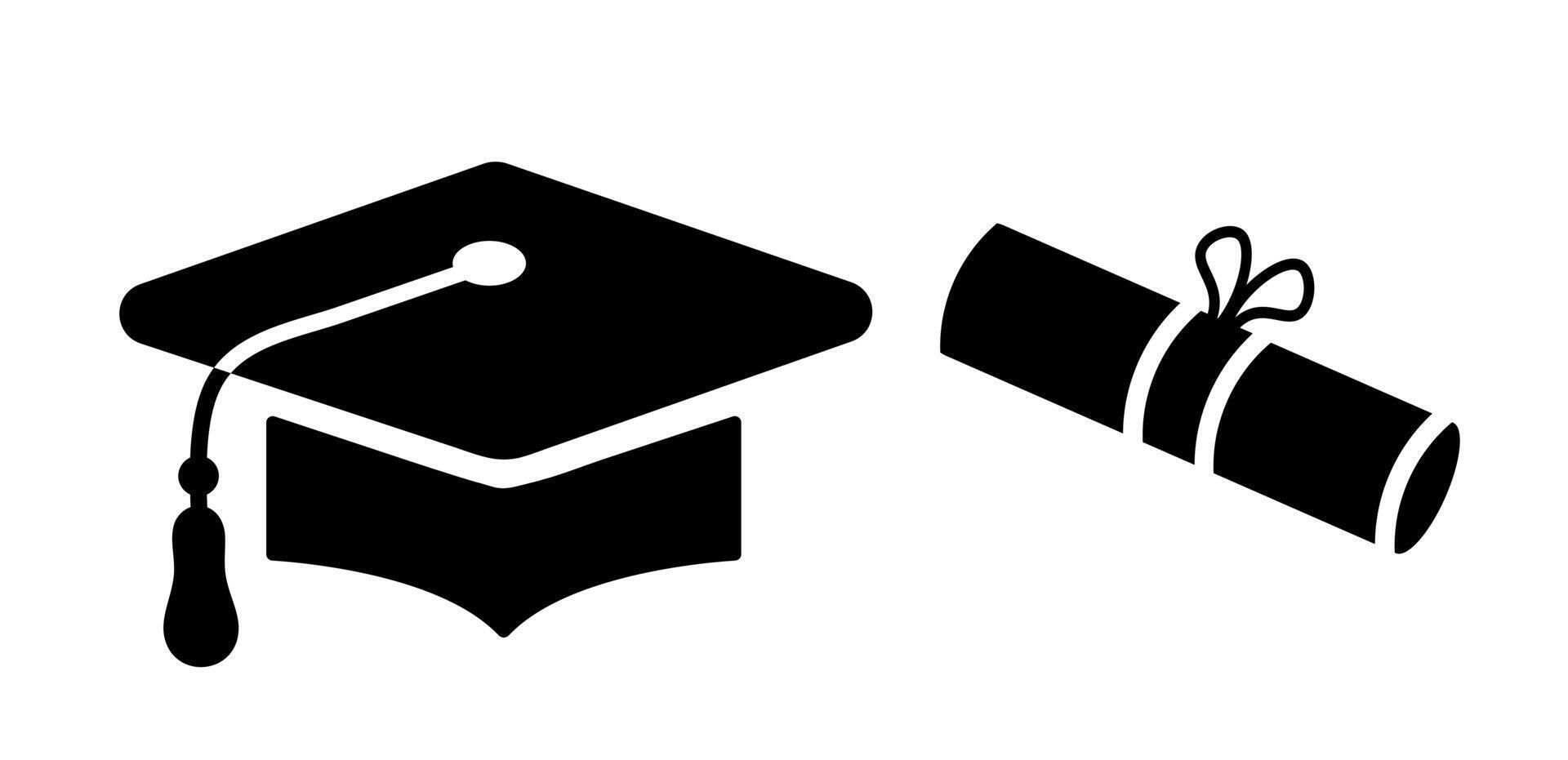 Graduation cap and diploma icon. A solid black graphic symbolizing academic achievement, degree completion, educational success, and commencement. vector