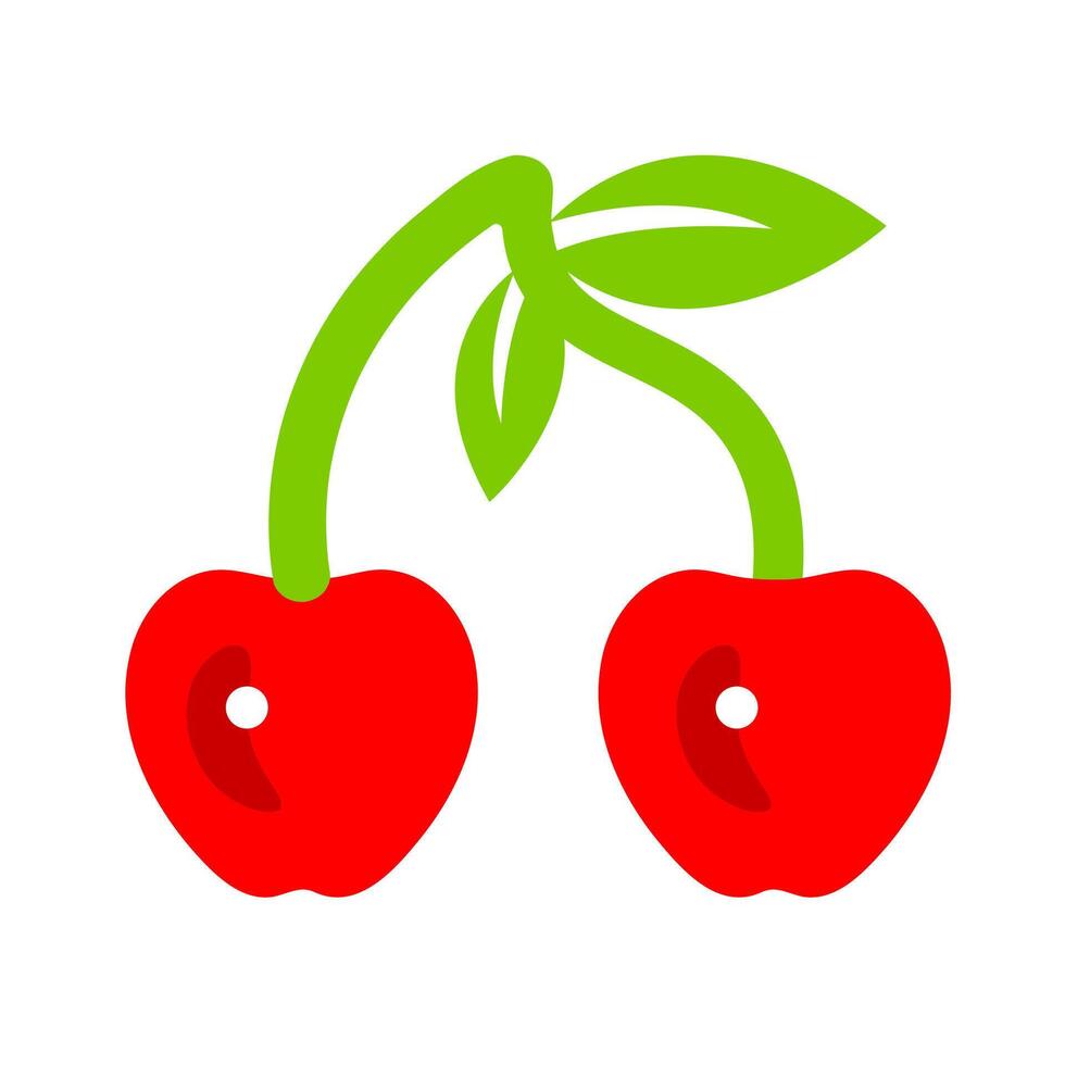Fresh red cherries fruit icon. A vibrant graphic with green stems and leaves, symbolizing sweet fruit and healthy snacks. vector
