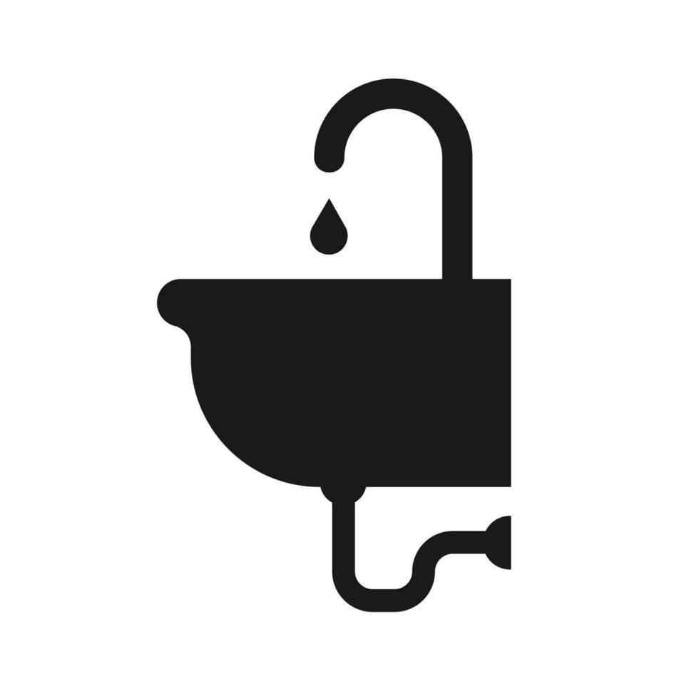 Sink with faucet icon. A solid black graphic symbolizing plumbing, water, bathroom, kitchen, and hygiene. vector