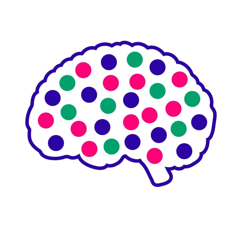 Abstract brain neural network. A vibrant, colorful graphic of a brain with dotted connections, symbolizing neuroscience, thought, and cognitive processes. vector