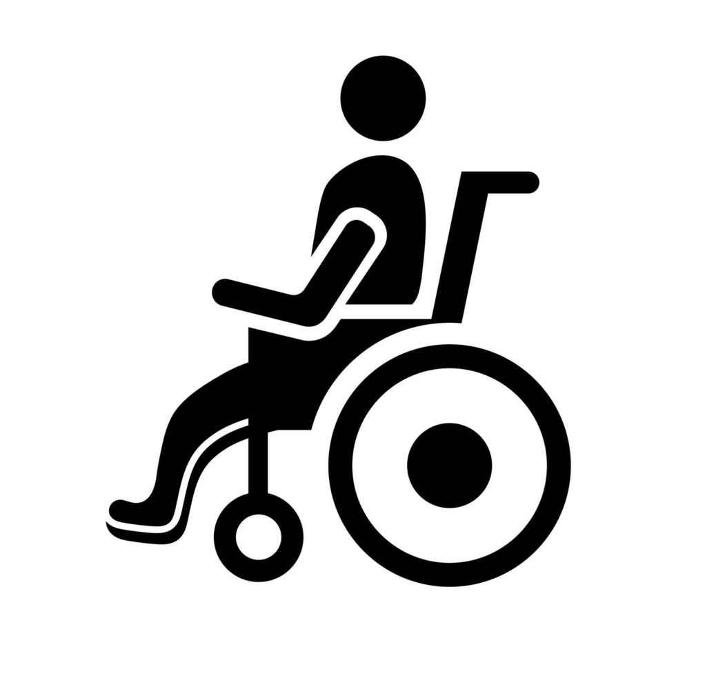 Person in wheelchair silhouette. A solid black graphic of a person in a wheelchair, representing accessibility, disability, and mobility. vector