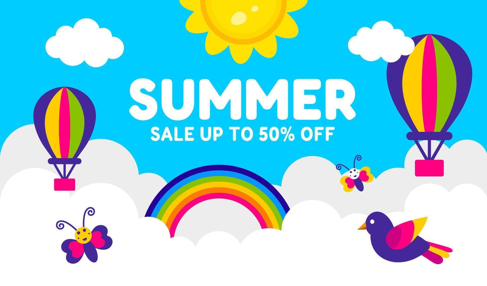 Summer Poster Horizontal Background or banner design. Colorful Design with Hot Air Balloons, Butterflies, Rainbow, Sun, Bird, Flowers, and summer text. used to Spring border frame vector