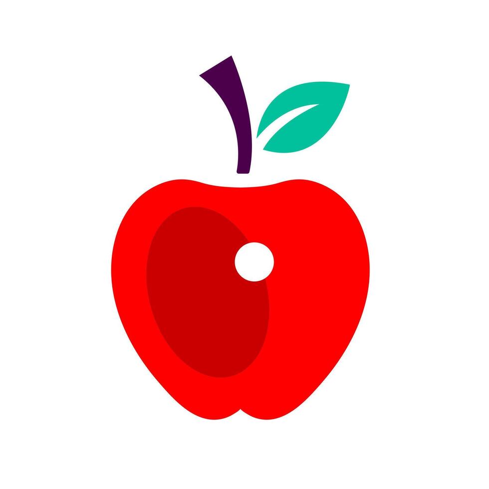 Classic red apple fruit icon. A vibrant graphic with a green leaf, symbolizing healthy food, fresh produce, and sweet flavor. vector