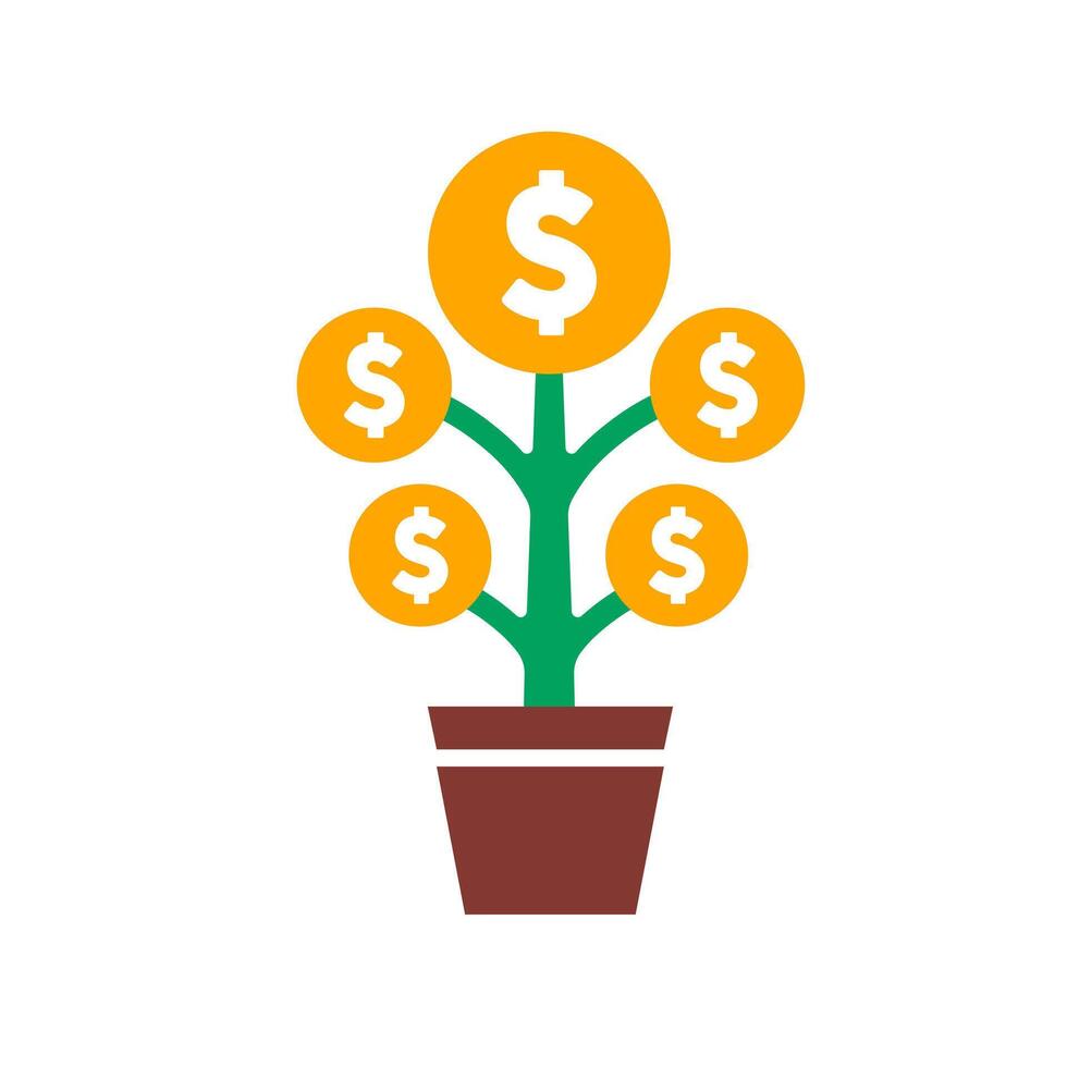 Money tree prosperity icon. A yellow plant with dollar sign leaves in a brown pot, symbolizing wealth, investment, and financial growth. vector