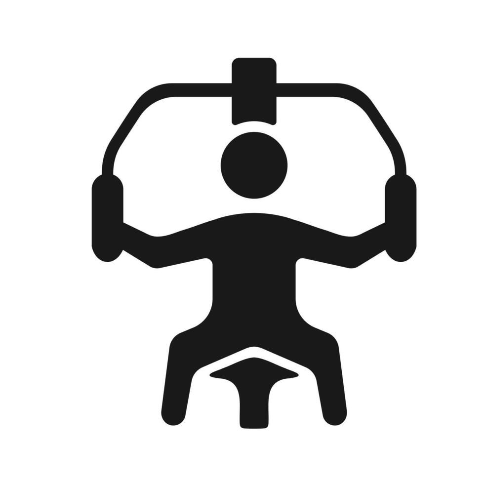 Lat pulldown machine icon. A solid black graphic of a person using gym equipment, symbolizing strength training, back workout, and fitness. vector