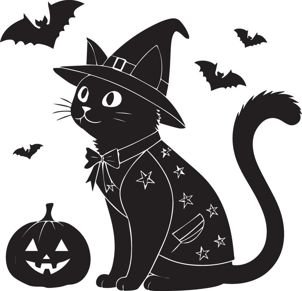 Black cat witch halloween costume silhouette vector