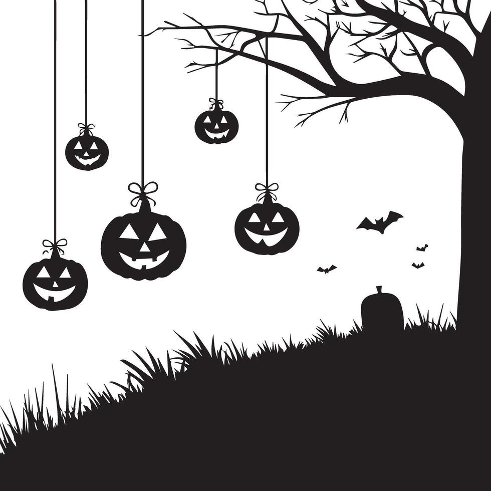 Halloween jack olanterns hanging from tree silhouette vector