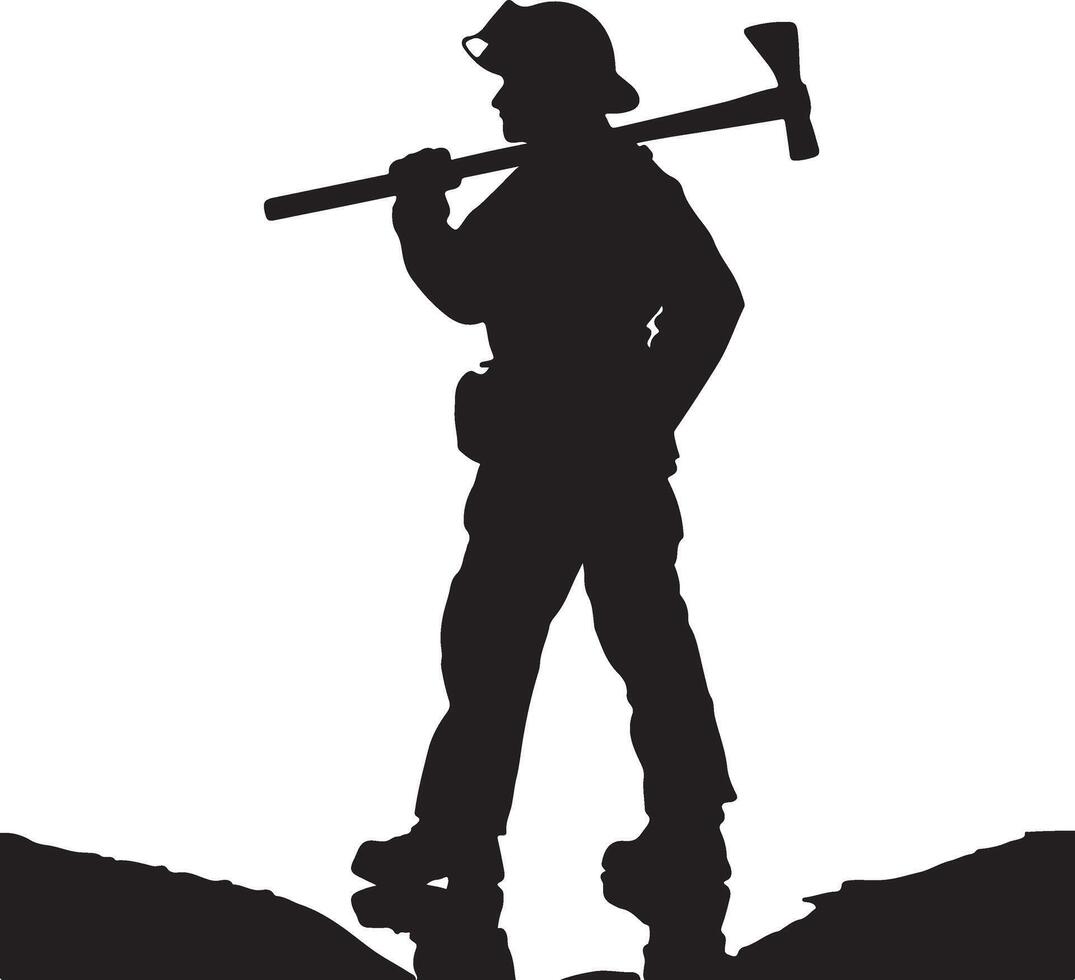 Silhouette of a firefighter carrying an axe on a hillside vector