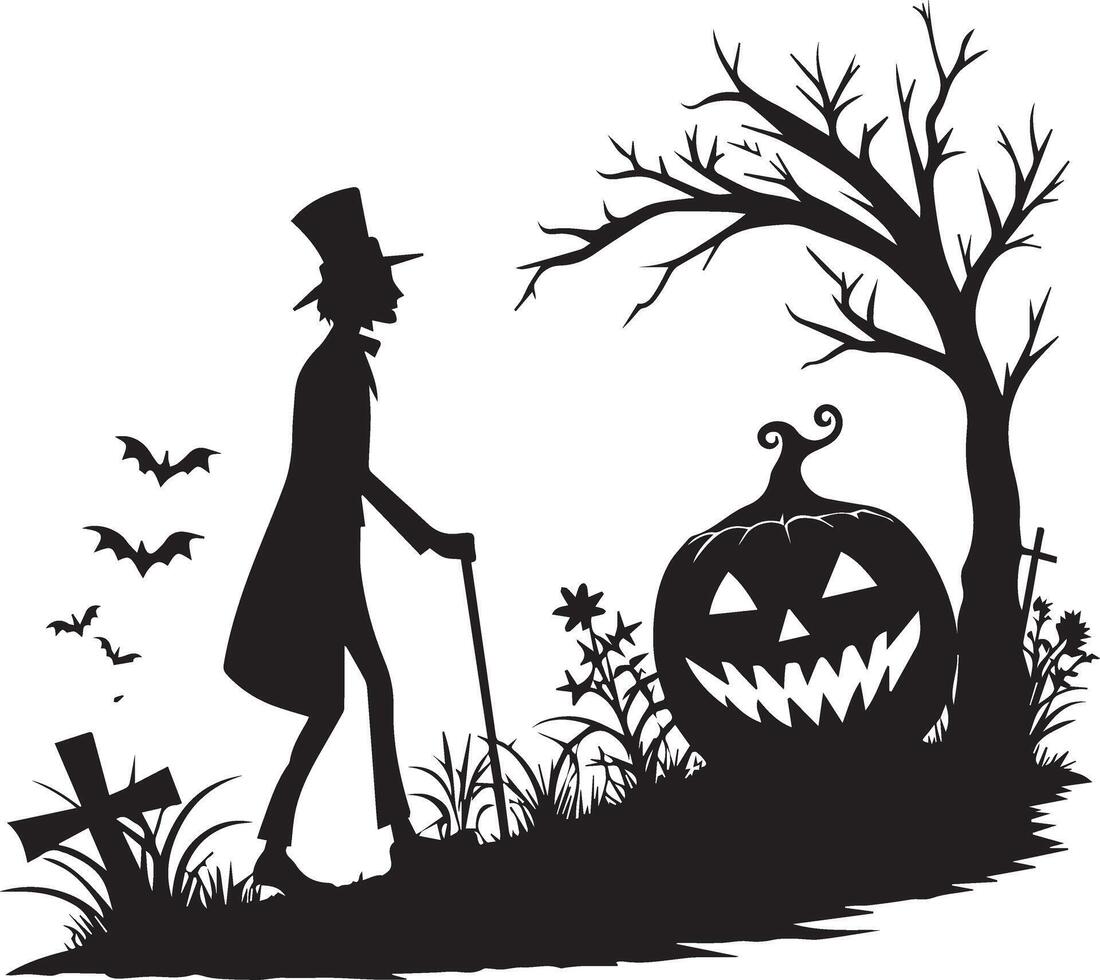 A black and white silhouette illustration depicts a man with a cane walking past a carved pumpkin in a graveyard setting with bats and a barren tree. vector
