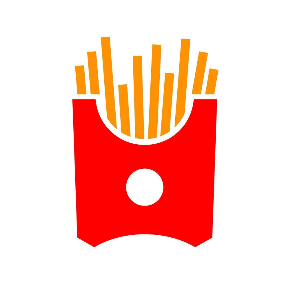 French fries fast food icon. A red carton of yellow fries, symbolizing popular snacks, potato dishes, and fried food. vector