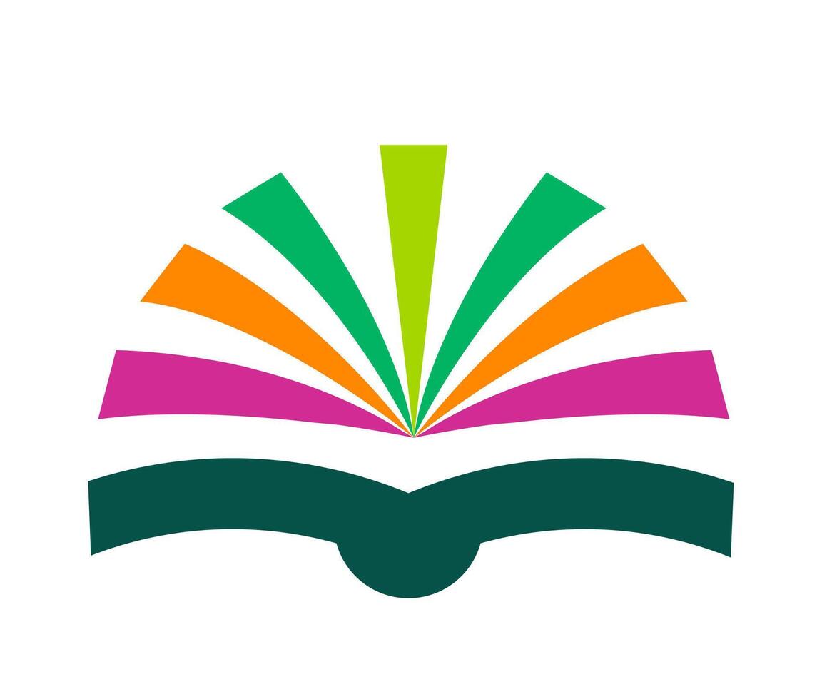 Abstract open book with colorful fanned pages. A stylized graphic of an open book with fanned pages in shades of green, orange, and pink, representing knowledge, learning, or literature. vector