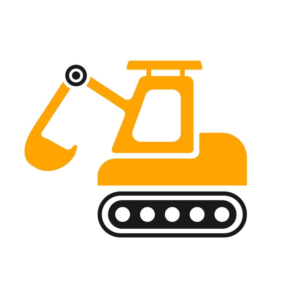 Excavator machinery icon. A yellow and black graphic symbolizing construction, digging, earthmoving, and heavy industrial work. vector