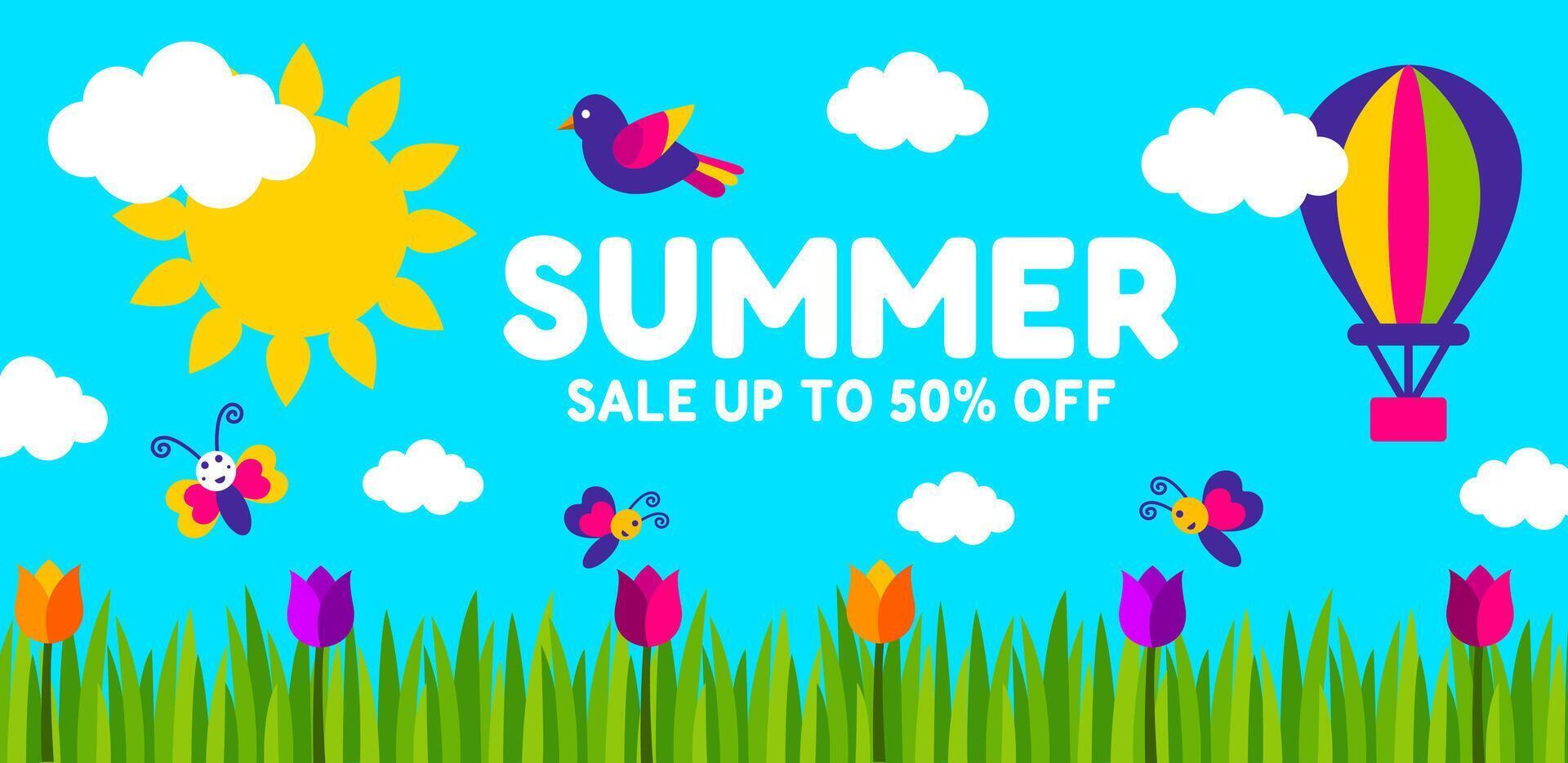 Summer Poster Horizontal Background or banner design. Colorful Design with Hot Air Balloons, Butterflies, Rainbow, Sun, Bird, Flowers, and summer text. used to Spring border frame, sale vector