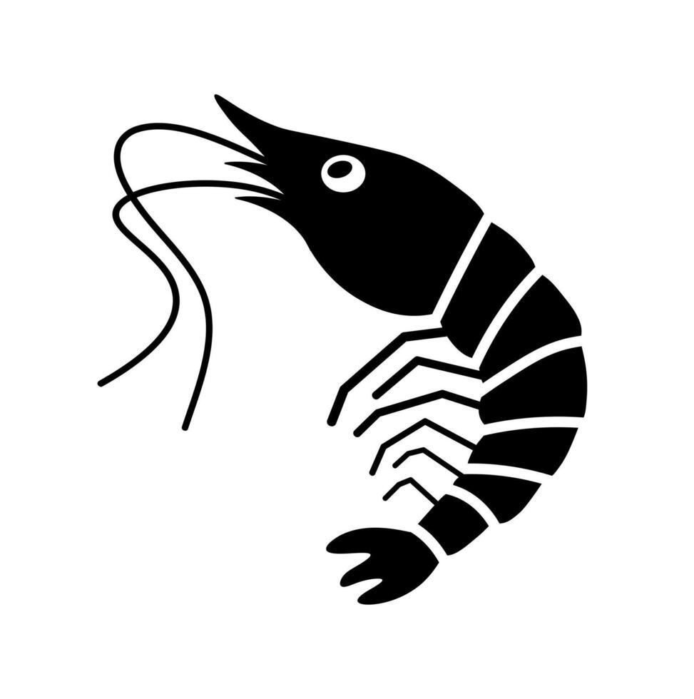 Shrimp prawn seafood icon. A black silhouette symbolizing marine crustaceans and delicious food. vector