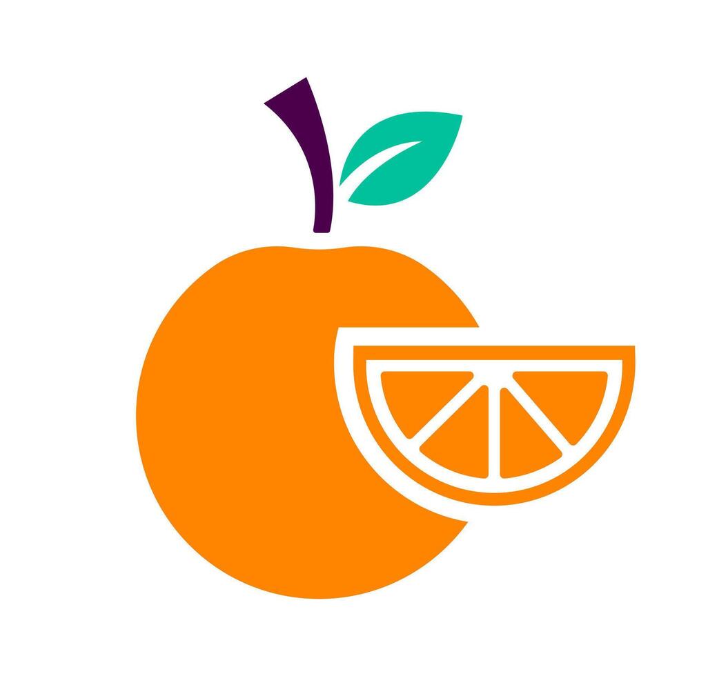 Orange fruit with slice icon. A vibrant orange graphic symbolizing citrus, healthy food, and vitamin C. vector
